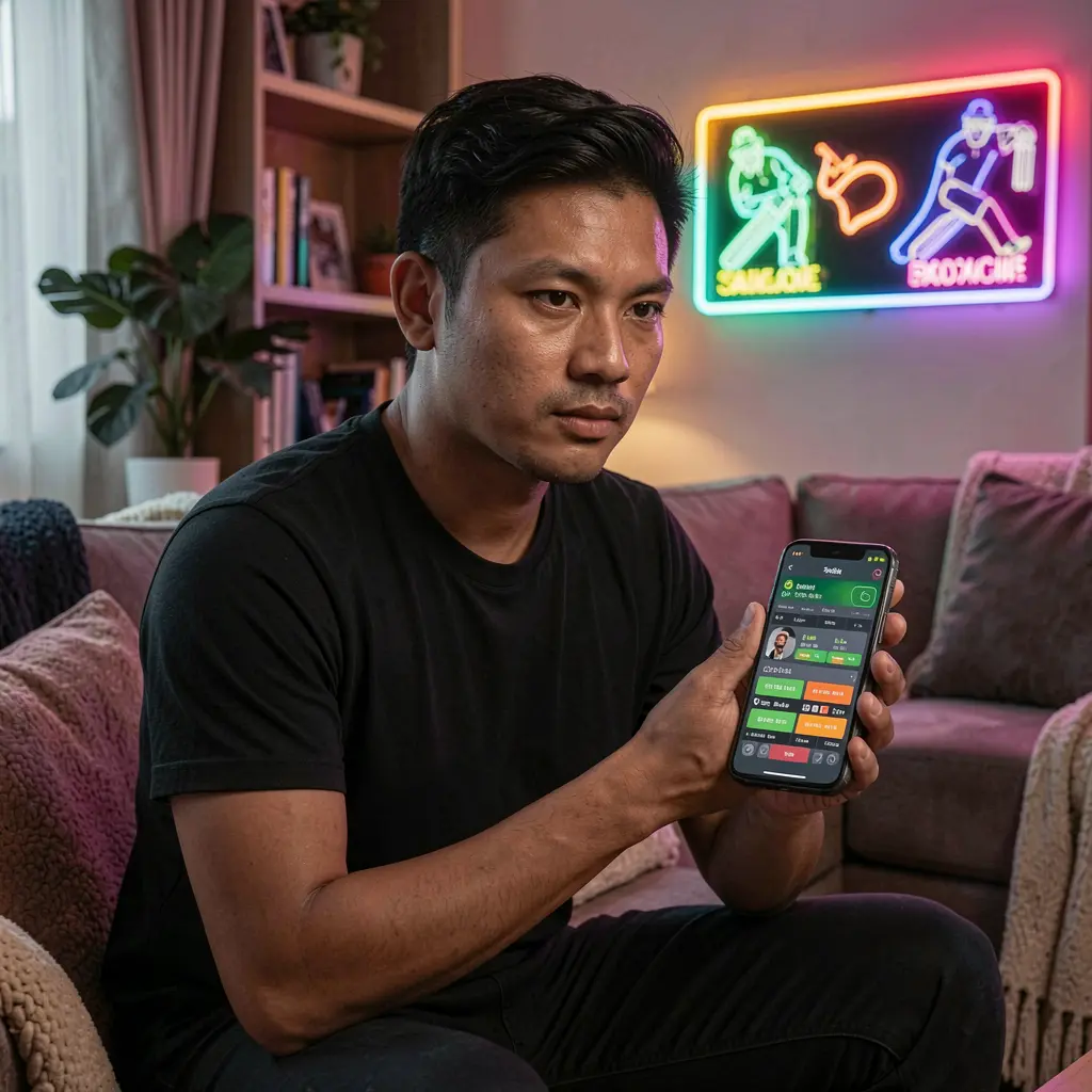 Focused Malaysian player betting on live cricket matches through the 1ANGPAO app with dynamic neon sports icons in a modern setting