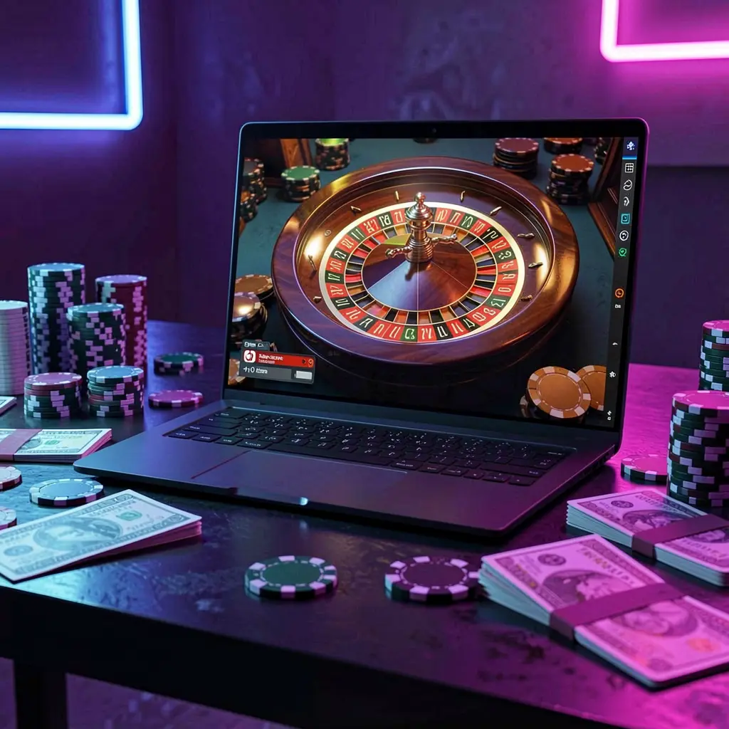 Modern online roulette gameplay on a laptop surrounded by casino chips and cash in a neon lit setting representing high energy casino action at 1ANGPAO Malaysia